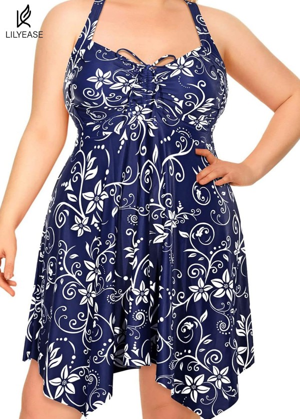 Navy Blue Floral Tie-Front Drawstring Asymmetrical Hem One Piece Swimdress