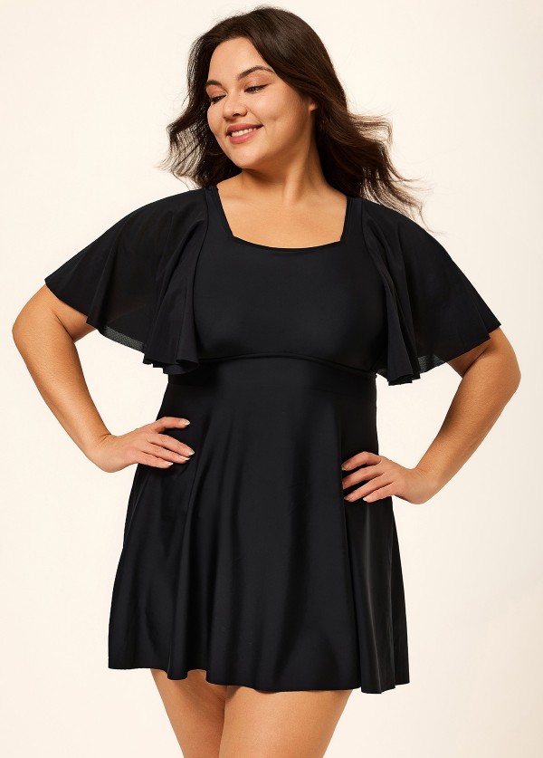 Black Ruffle Sleeves Square Neck Modest Plus Size Swimdress Swimsuit Top