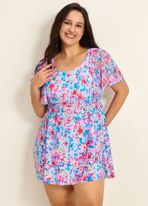 Curvy Pink Floral Square Neck Mesh Short Sleeves Vintage Ruffle Swimsuit Swimdress Set