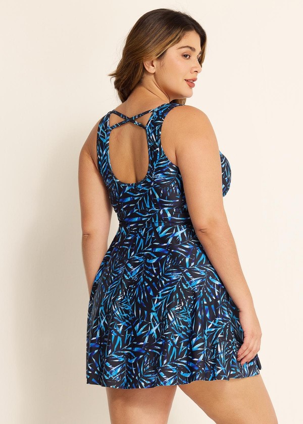 Curvy Black Leaf Print Modest Swimsuit And Swimwear Swimdress Set