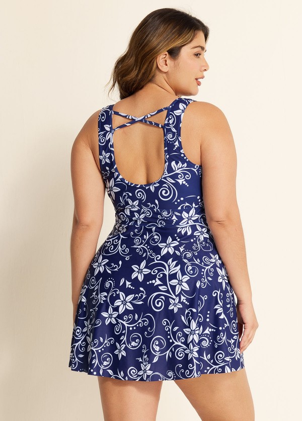 Navy Floral Modest Curvy Swimsuit And Swimwear Swimdress Set
