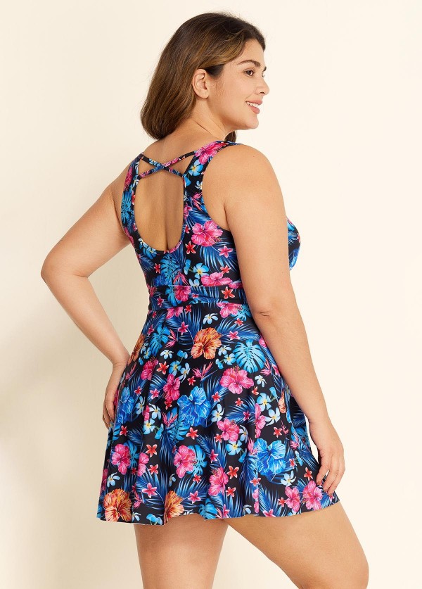 Plus Size Blue Floral Modest Swimsuit And Swimwear Swimdress Set