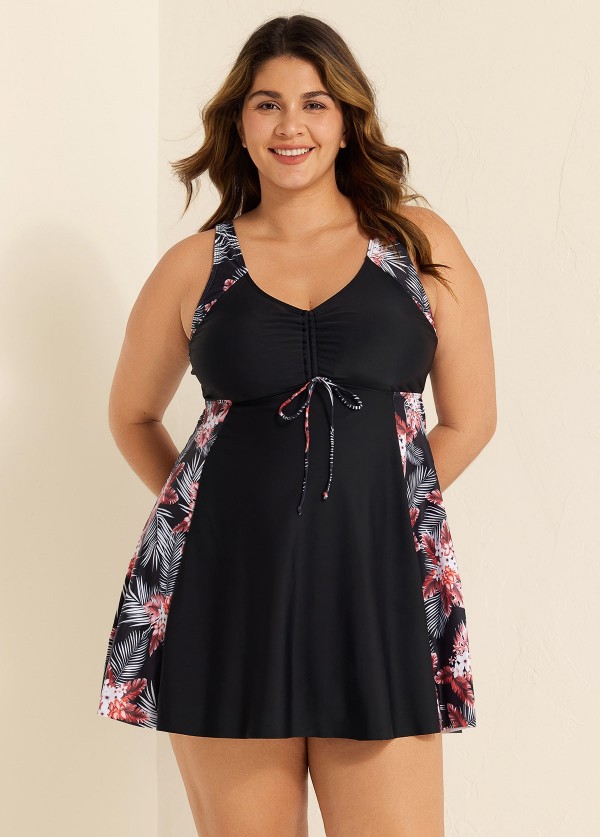 Stylish Tropical Print Patchwork Tie Front Swim Dress Set