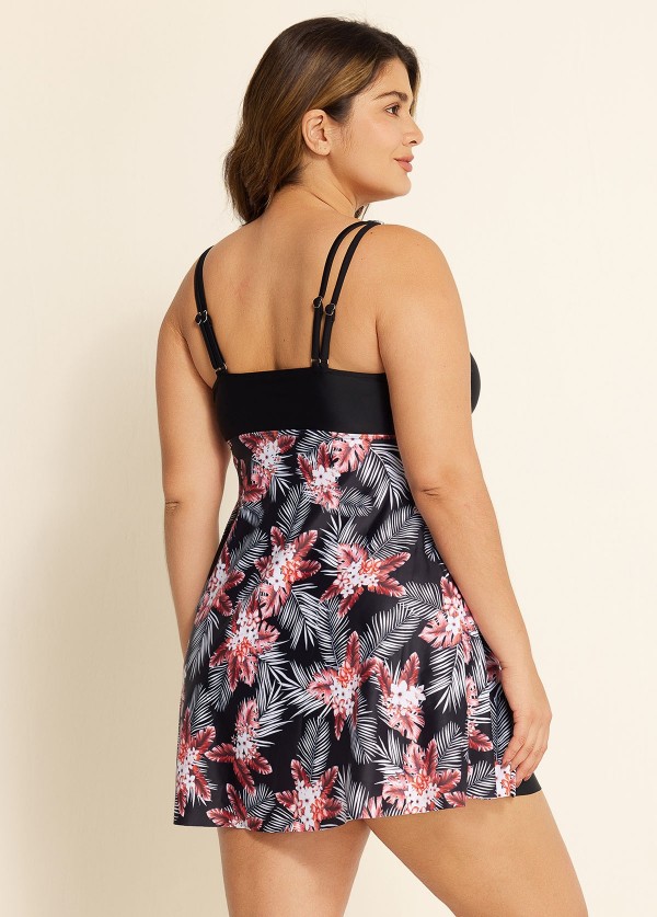Stylish Tropical Print Patchwork Tie Front Swim Dress Set