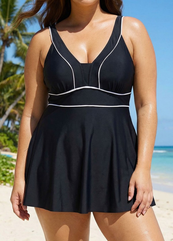 Black Contrast Trim Adjustable Straps One Piece Swimdress