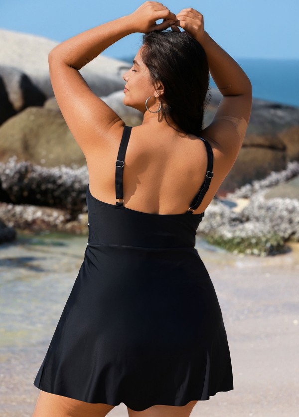 Black Contrast Trim Adjustable Straps One Piece Swimdress