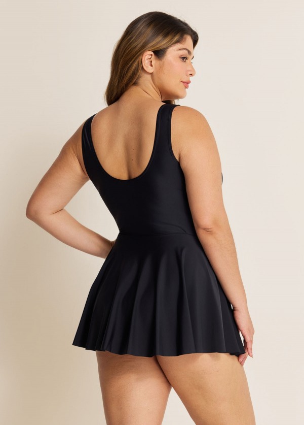 Black Ruched Wide Strap Fashionable Modest Plus Size One Piece Swimdress