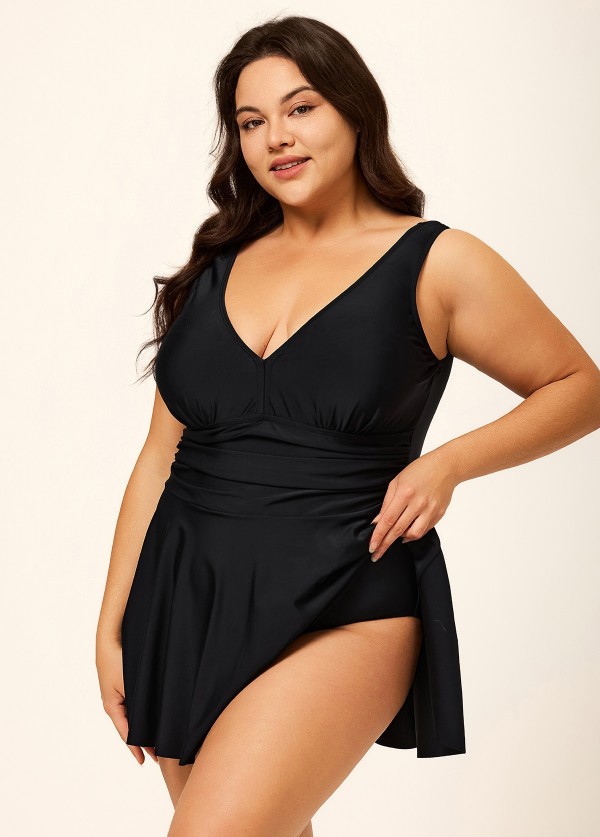Black Ruched Wide Strap Fashionable Modest Plus Size One Piece Swimdress