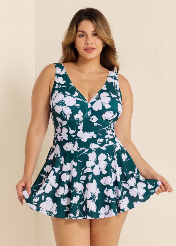 Green Floral Tummy Control Plus Size Swimsuit Swimwear One Piece Swimdress
