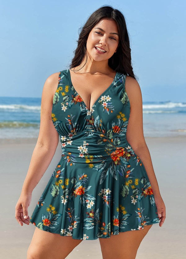 Plus Size Green Floral Tummy Control Swimsuits One Piece Swimdress