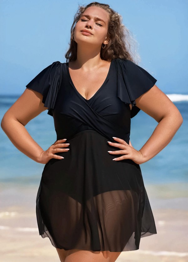 Mesh Skirt Hem And Sleeves One Piece Swimsuit With Cross Front Design