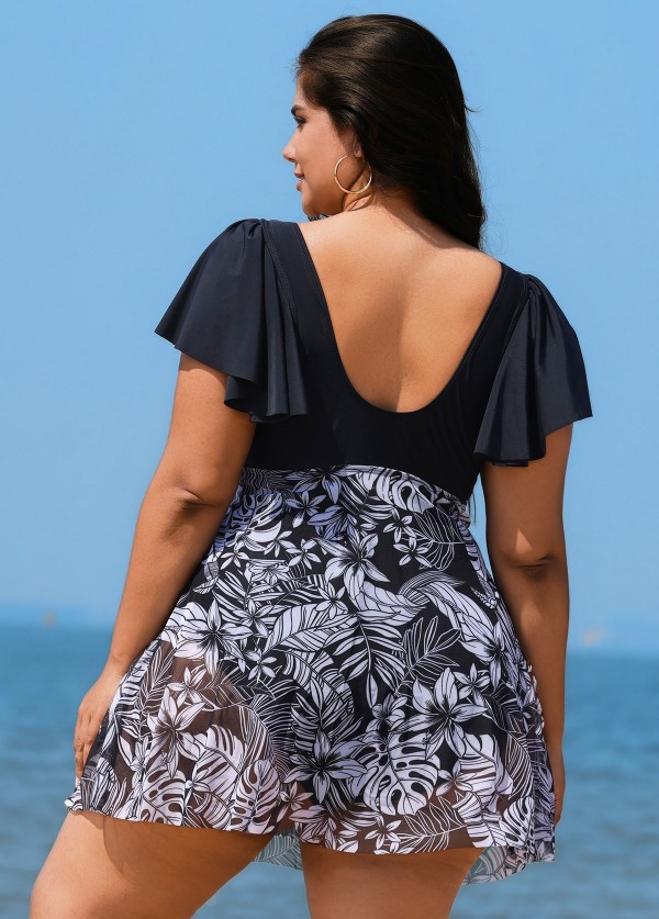 Black And White Print Short Sleeve Cross Front Ruffle One Piece Swimdress