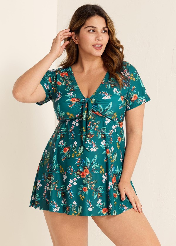 Green V Neck Floral Print Front Twisted Trendy Ruffle Swimdesse Set