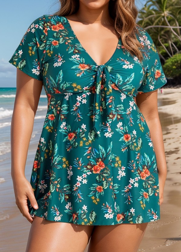Green V Neck Floral Print Front Twisted Trendy Ruffle Swimdesse Set
