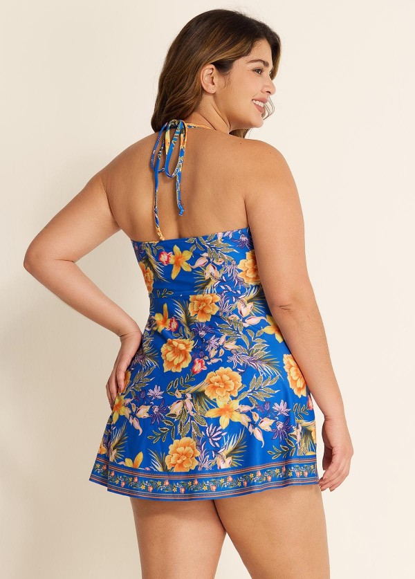 Curvy Blue Floral Double Straps Halter V Neck Swim Dress Swimdress Top