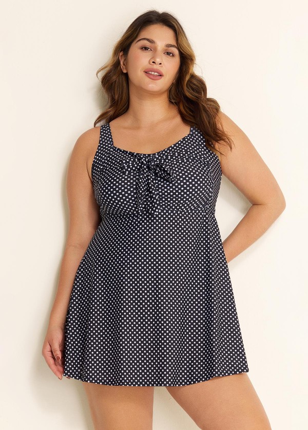 Women's Black Polka Dot Tie Front Modest One Piece Swimdress