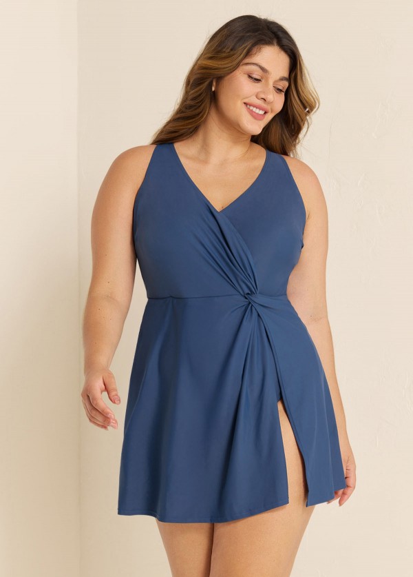 Navy V Neck Side Slit Swim Dress Bathing Suits One Piece Swimdress