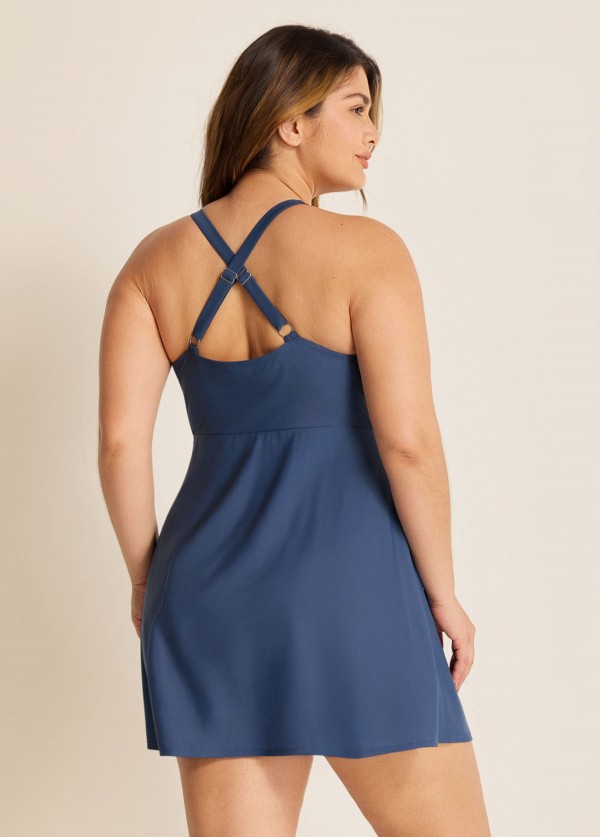 Navy V Neck Side Slit Swim Dress Bathing Suits One Piece Swimdress