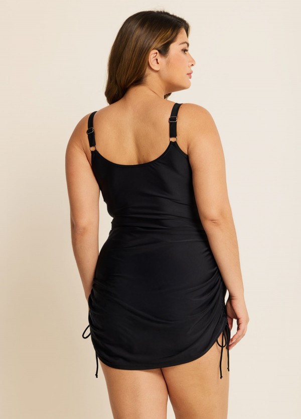 Black Side Drawstring Adjustable Strapes Plus Size Bathing Suit Dress One Piece Swimdress