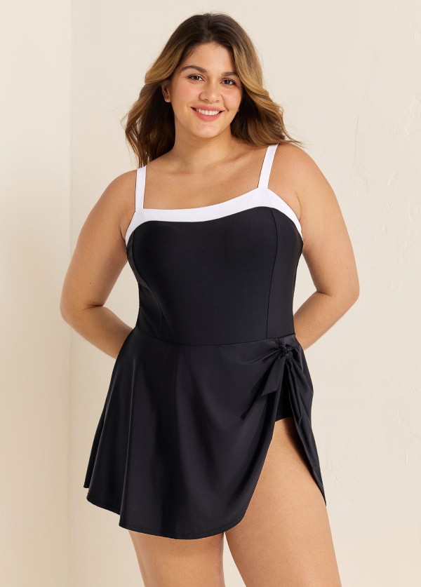 Black And White Color Block Side Tie Swim Dress Swimsuit One Piece Swimdress
