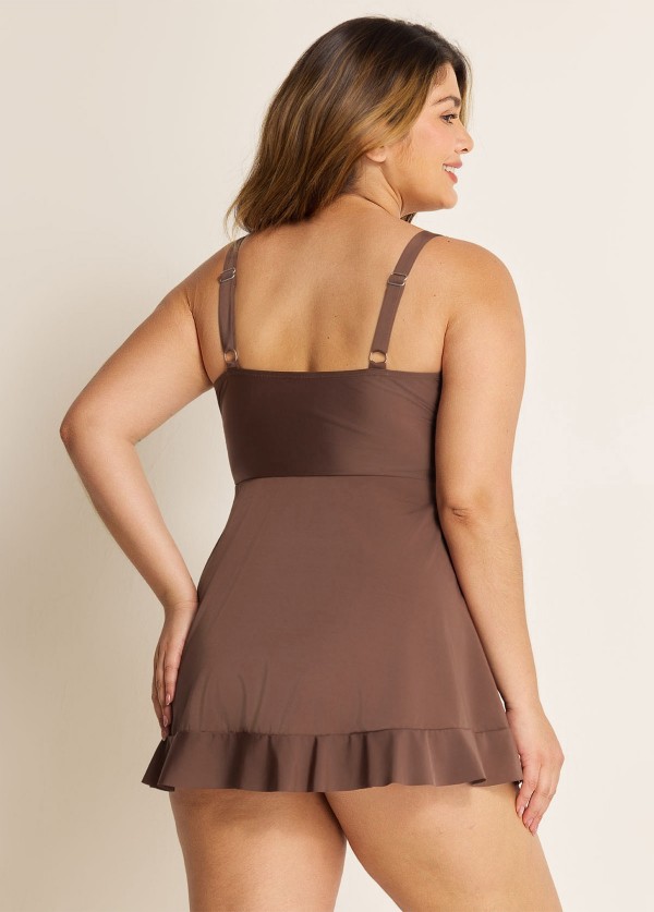 Brown Wrap Side Tie With Brief Swim Skirts For Women Two Pieces Swimdress Set