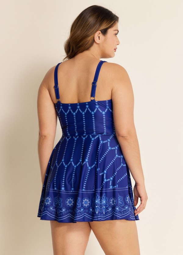 Curvy Navy High Neck Line Flowers Fashion Swim Dress  Swimdress Set