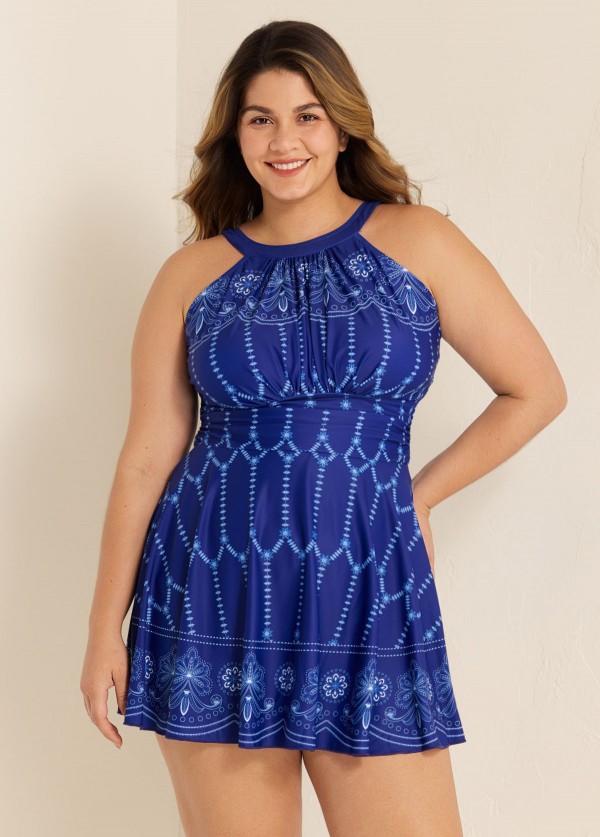 Curvy Navy High Neck Line Flowers Fashion Swim Dress  Swimdress Set