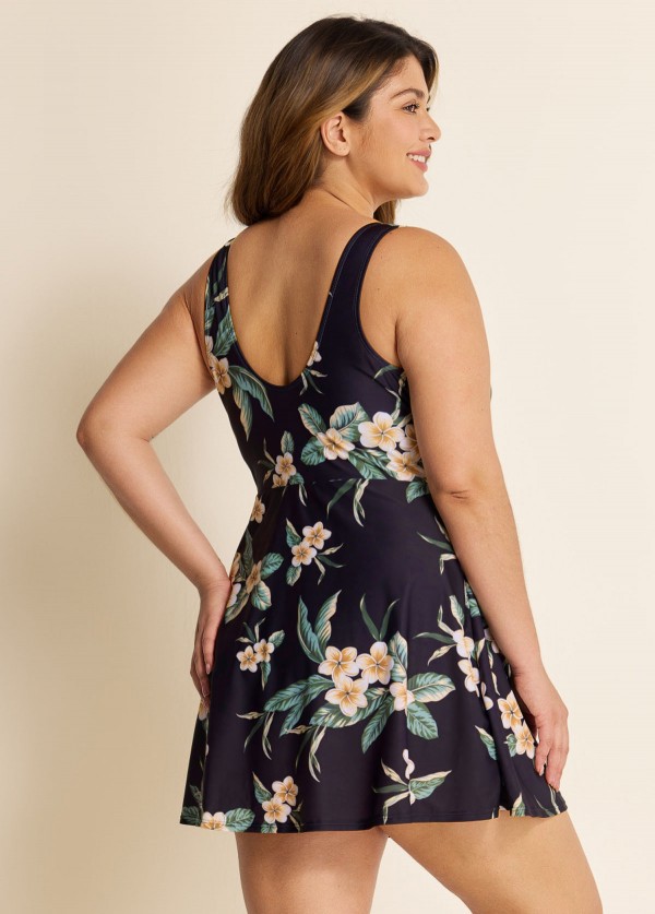 Black Floral Wrap Side Tie Plus Size Swim Skirts For Women One Piece Swimdress