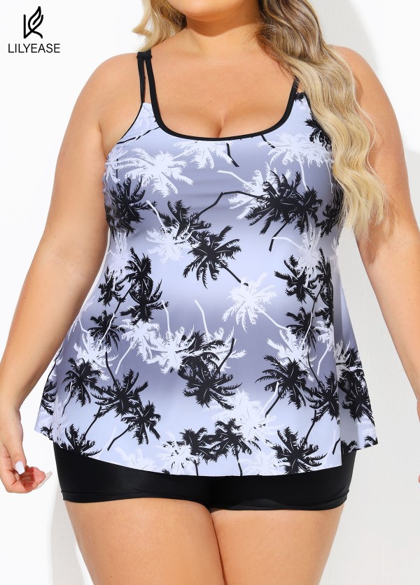 Plus Size Black And White Plants Print Double Straps Modest Tankini Top