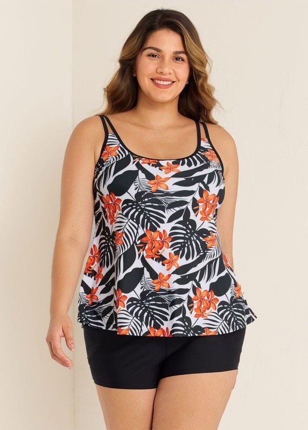 Plus Size Tropical Print Double Straps Tankini Top