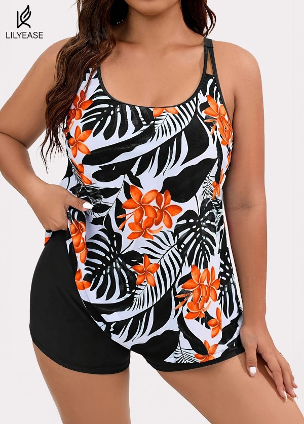 Plus Size Tropical Print Double Straps Tankini Top