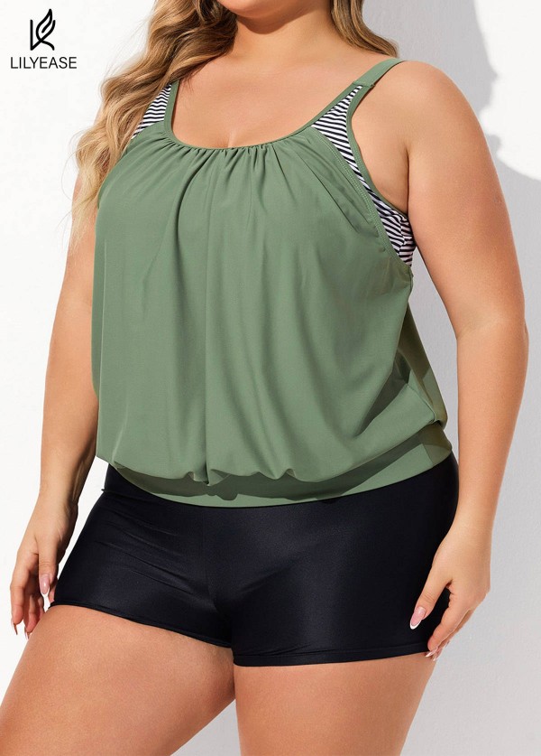 Plus Size Striped Faux Layer Adjustable Tankini Top
