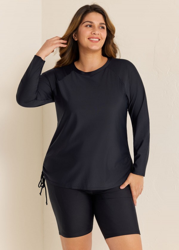 Plus Size Black Long Sleeve Drawstring Women's Swimsuit Tankini Top