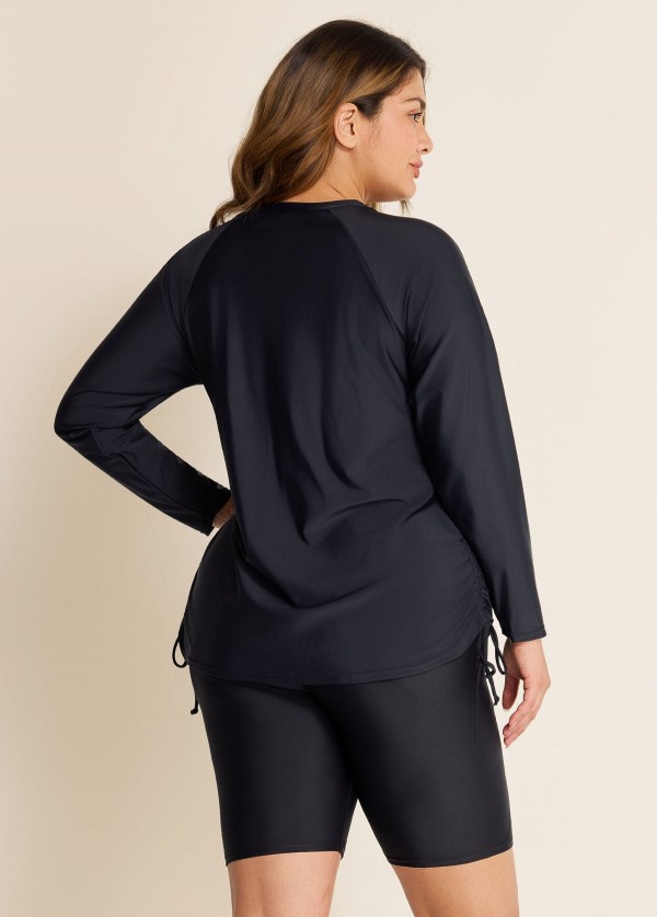 Plus Size Black Long Sleeve Drawstring Women's Swimsuit Tankini Top