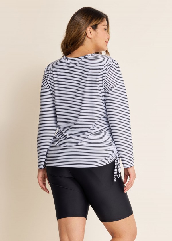 Plus Size Black Stripe Long Sleeve Drawstring Women's Swimsuit Tankini Top