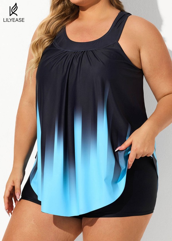 Crystal Blue Ombre Print Scoop Neck Longer Length Tankini Top