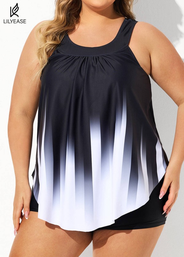 Black And White Ombre Print Longer Length Casual Tankini Top