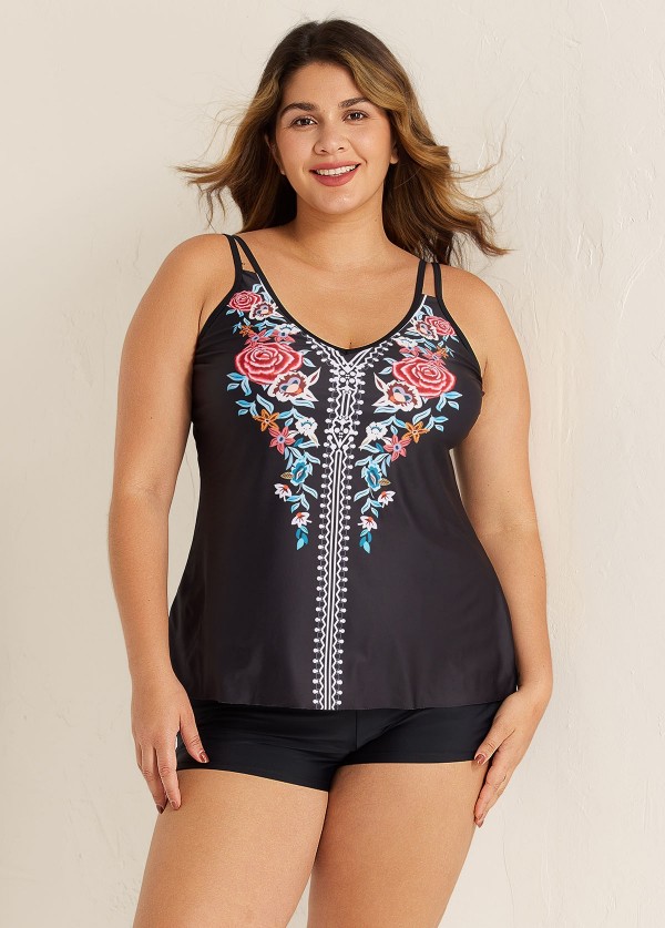 Plus Size Tribal Printed Adjustable Straps Tankini Top