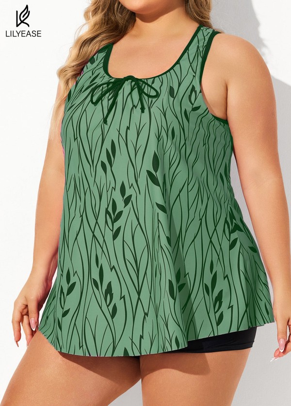 Plus Size Leaf Pattern Elegant Tankini Top with Wide Straps