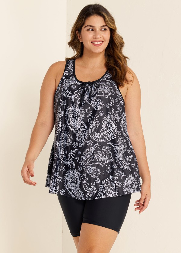 Black Paisley Loose Fit Plus Size Women Tankini Top