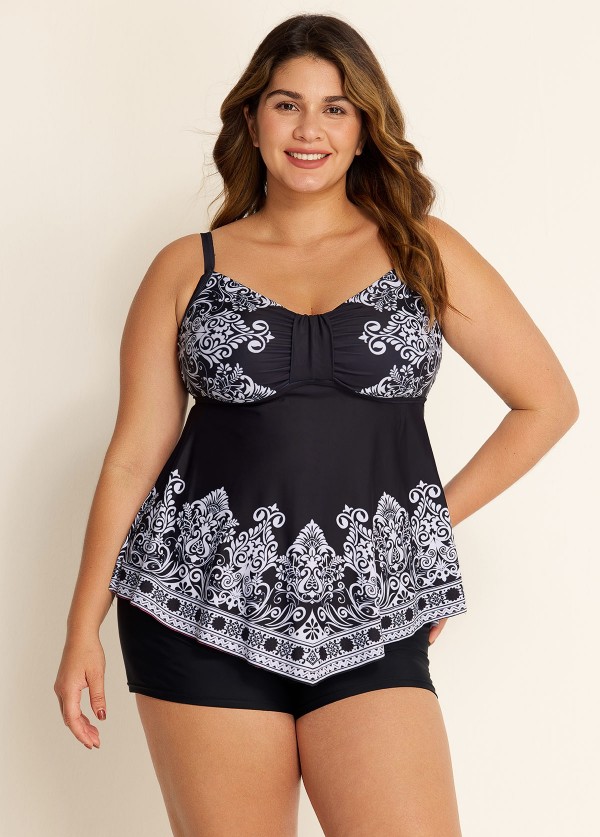 Black Paisley Print Color Block V Neck Women Plus Size Swimsuit Tankini Top