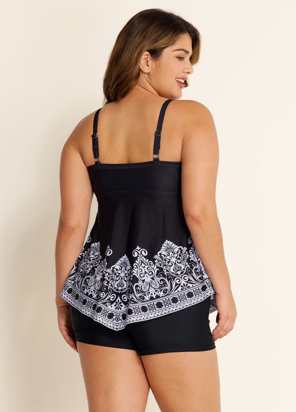 Black Paisley Print Color Block V Neck Women Plus Size Swimsuit Tankini Top