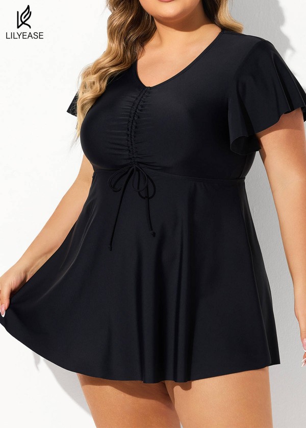 Black Tie Front Ruffled Flowy Short Sleeves Tankini Top