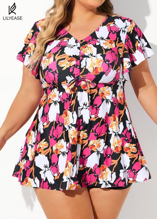 Floral Print Tie Front Ruffled Flowy Short Sleeves Tankini Top