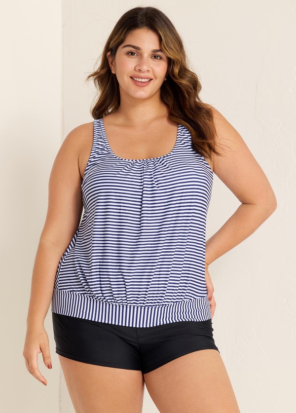 Plus Size Scoop Neck Striped Loose Modest Tankini Top