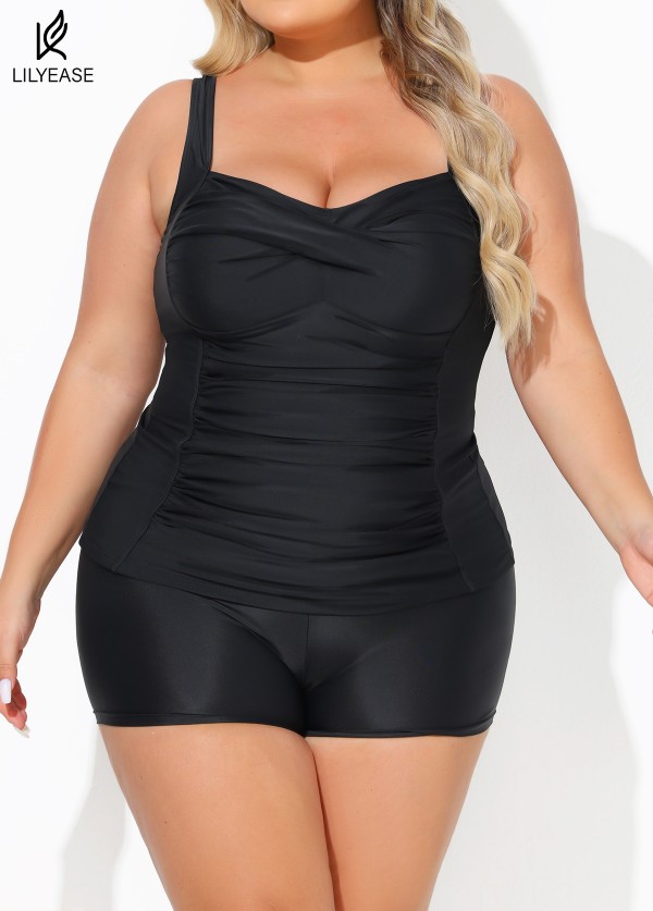Stylish Black Twisted Front Ruched Tummy Control Tankini Top