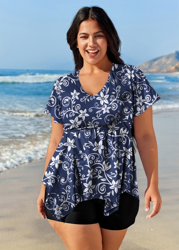 Navy Floral Short Sleeve Curvy Swimwear Bathing Suits Tankini Top