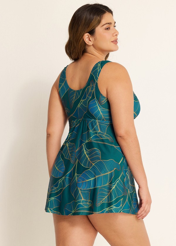 Plus Size Mystic Green Plants Print Wide Straps Stylish Tankini Set