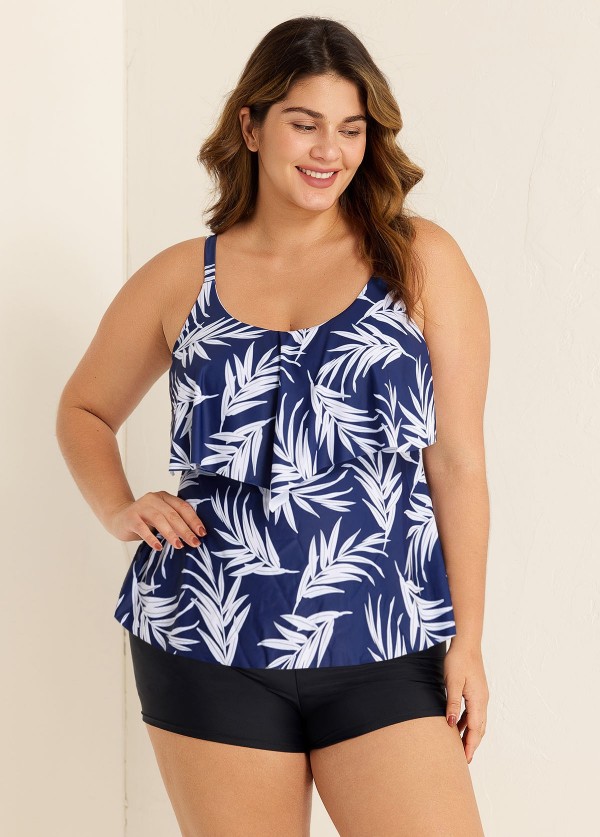 Navy Blue Leaf Print Layered Style Tankini Top