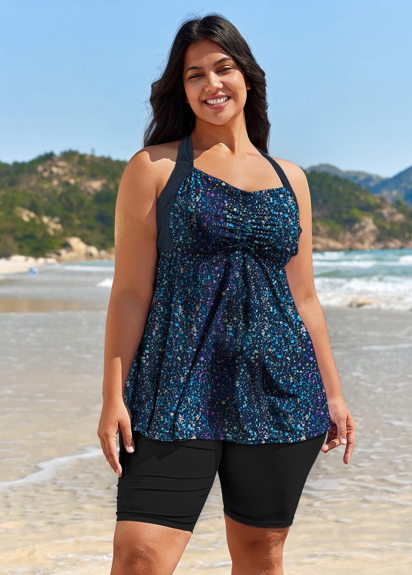 Curvy Navy Dot Print Modest Swimsuit And Swimwear Tankini Top